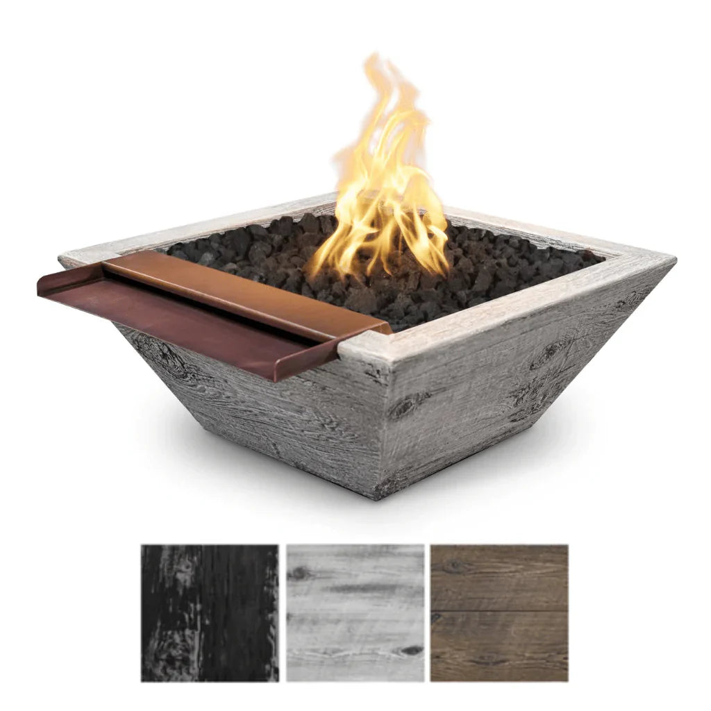 The Outdoor Plus - 30SWGFWWS-EBN-NG Maya GFRC Wood Grain 30 Inch Concrete Square Fire & Wide Spill Water Bowl