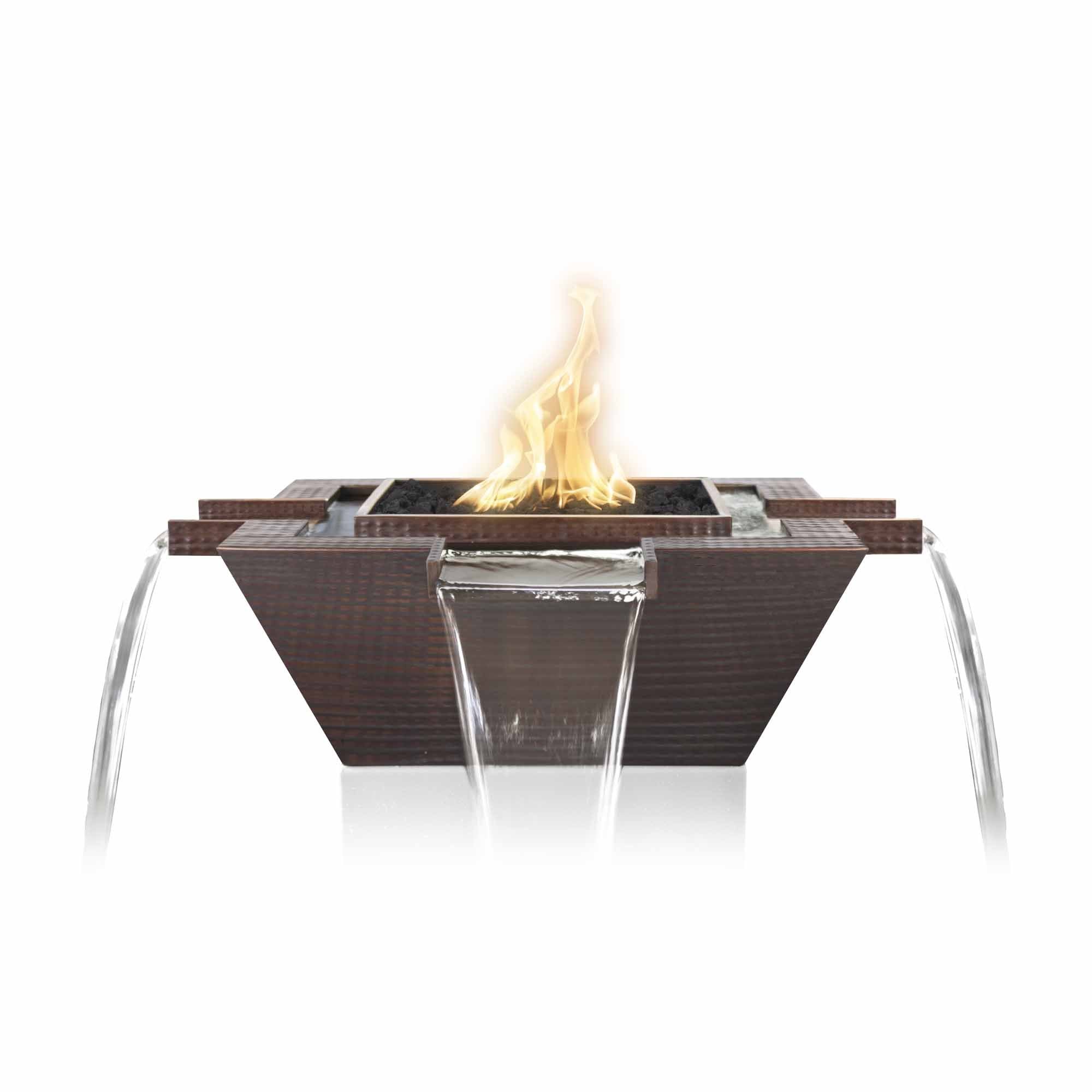 The Outdoor Plus 30 Inch Maya Hammered Copper 4-Way Spillway Square Fire & Water Bowl