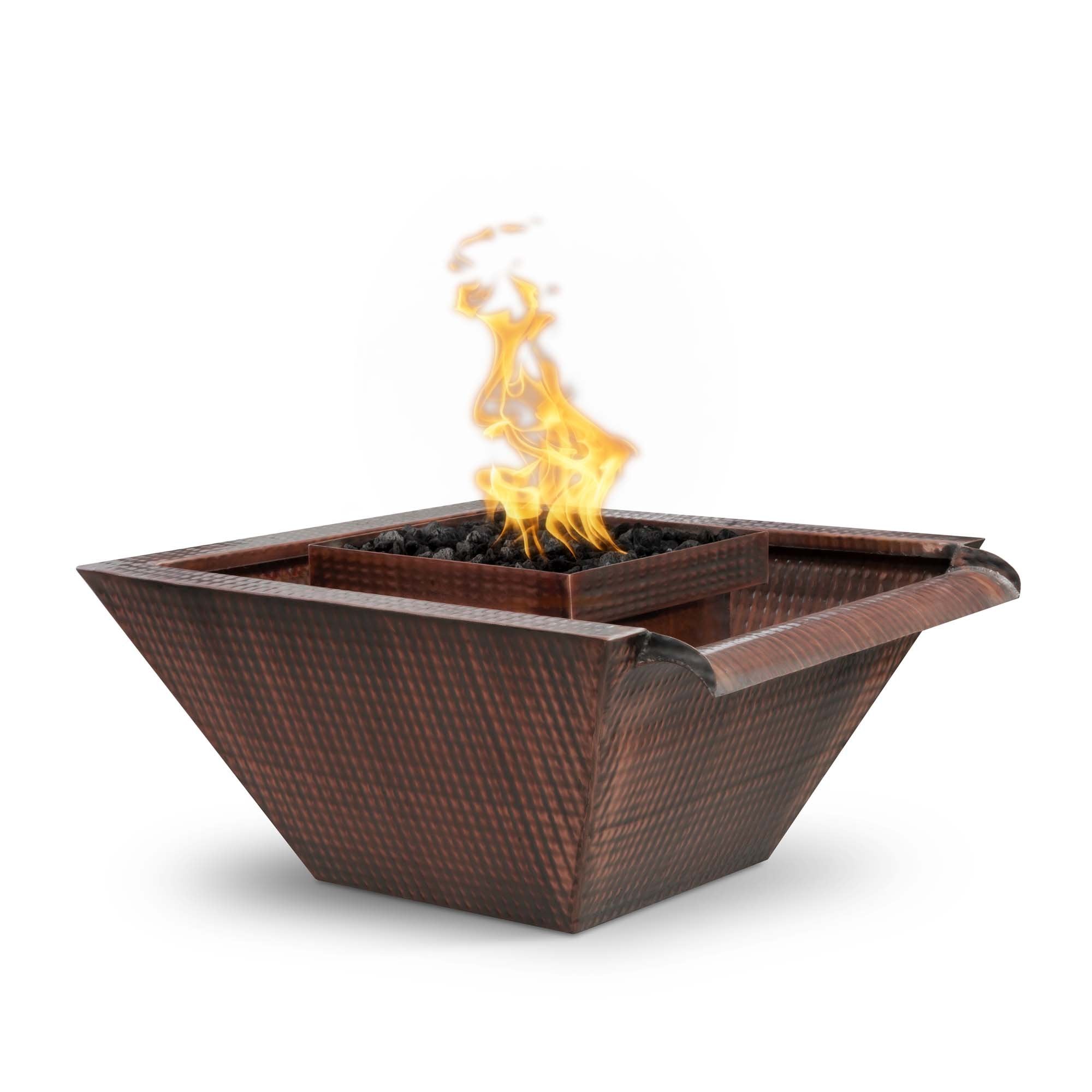 The Outdoor Plus Maya Hammered Copper Wide Gravity Spill Square 36 Inch Fire & Water Bowl