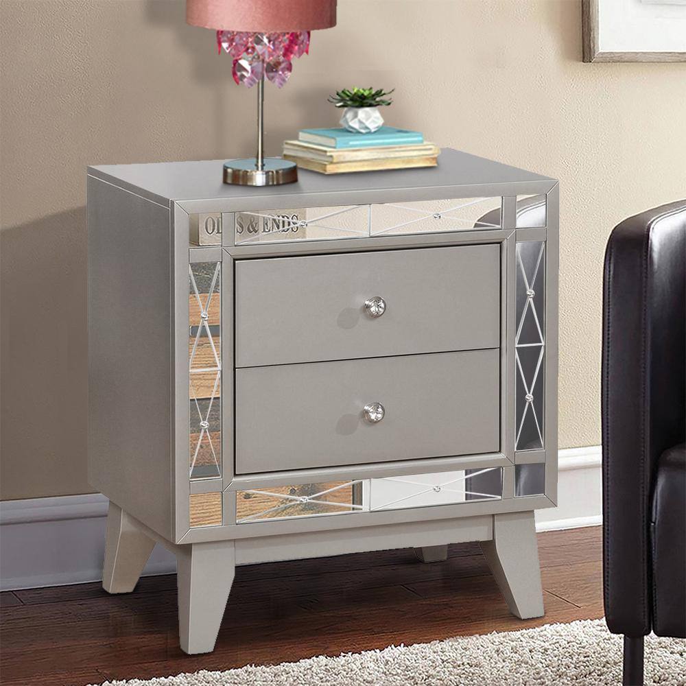 Wooden Nightstand With 2 Drawers, Mercury Silver
