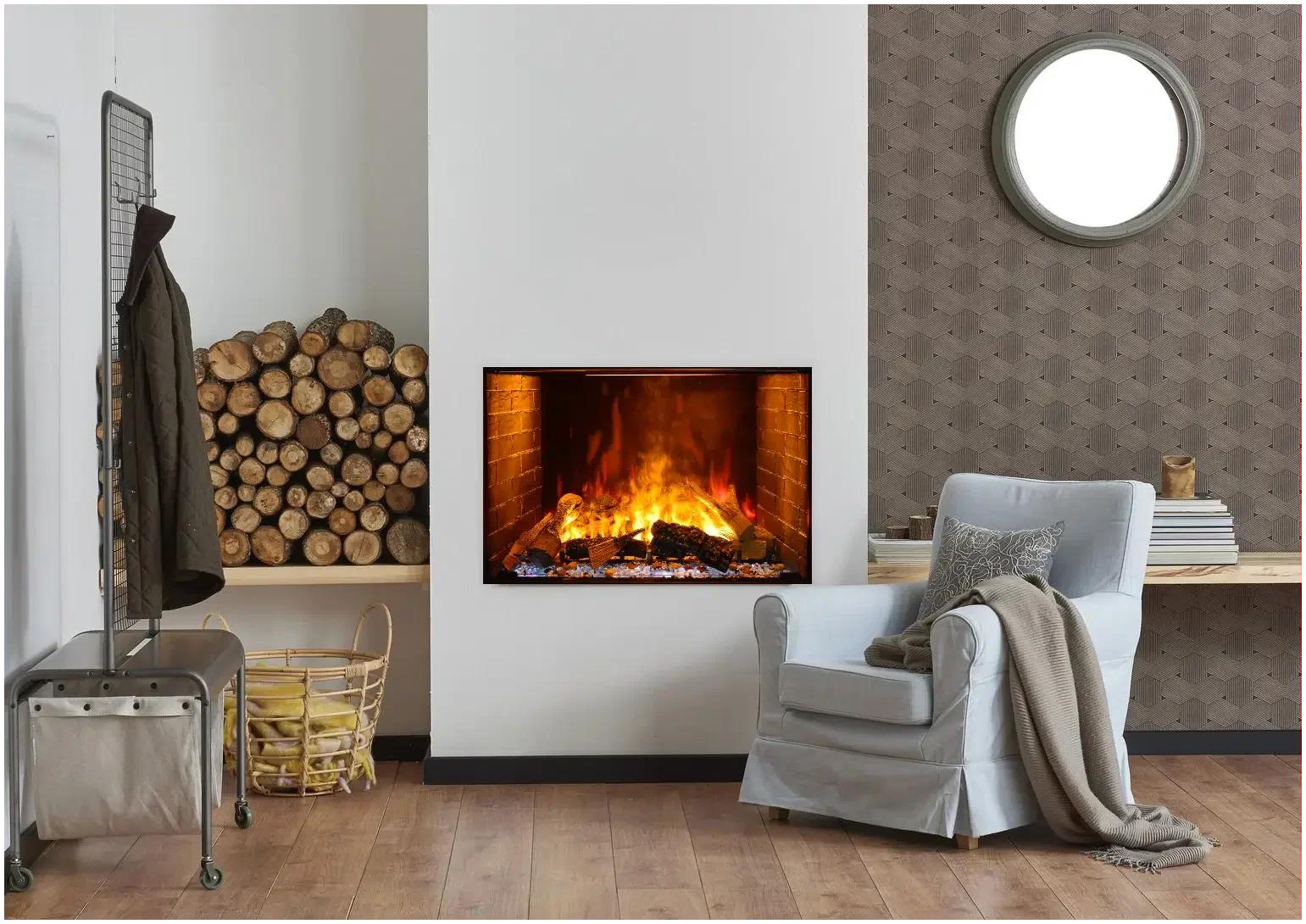 Amantii Signature Series Traditional 38" Built-in Electric Fireplace with Mist Flame, Birch Log Set, and WiFi-Controlled Audio