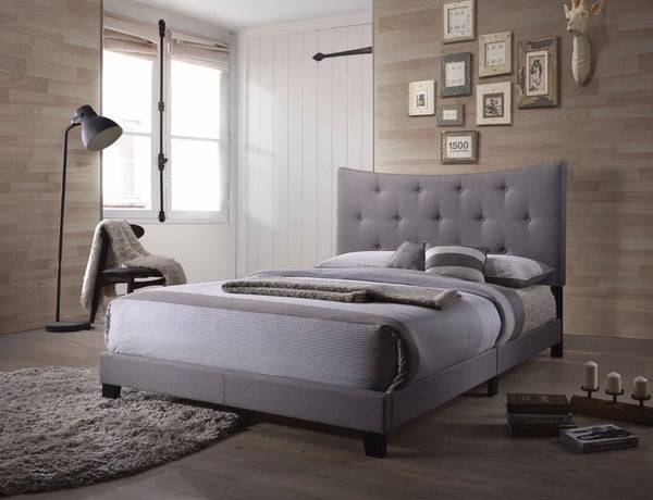 Fabric Queen Bed With Concave Arched Button Tufted Headboard, Gray