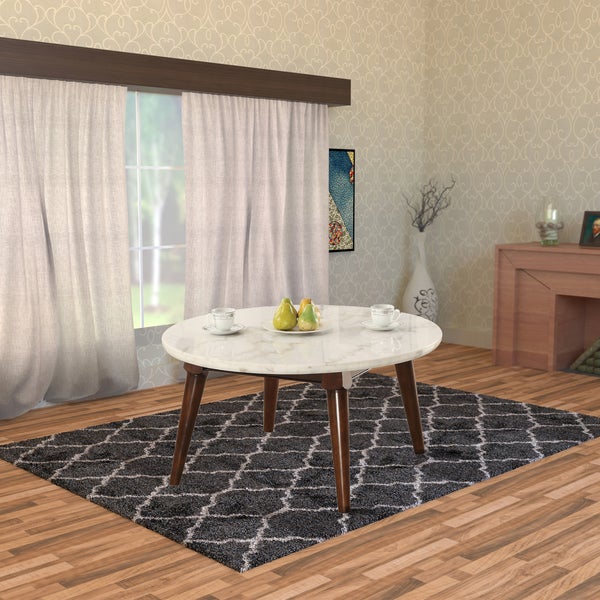 Wood Base Coffee Table With Marble Top, Walnut Brown