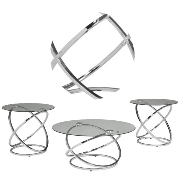 Contemporary Glass Top Table Set With Metal Rings Base, Clear And Silver