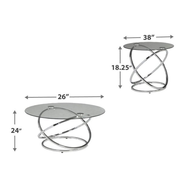 Contemporary Glass Top Table Set With Metal Rings Base, Clear And Silver