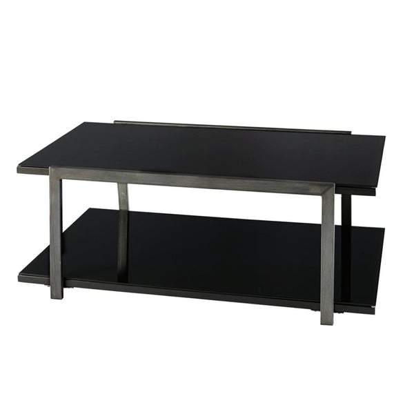 Metal Framed Table Set With Tempered Glass Top And Lower Shelf, Set Of Three, Black And Silver