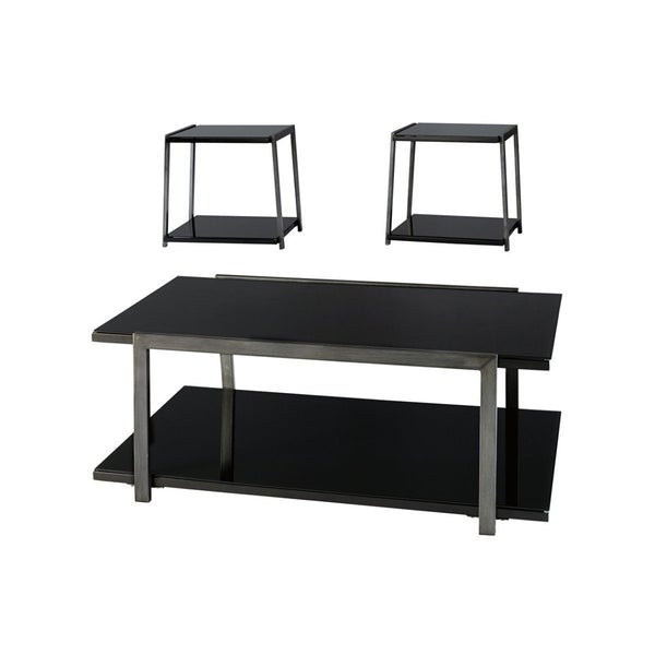 Metal Framed Table Set With Tempered Glass Top And Lower Shelf, Set Of Three, Black And Silver