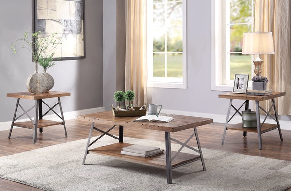 Wooden Coffee Table With X Crossed Metal Sides And Open Shelf, Brown And Black