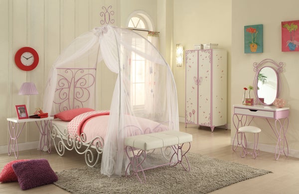 Contemporary Metal Twin Bed With Scrollwork, White And Purple