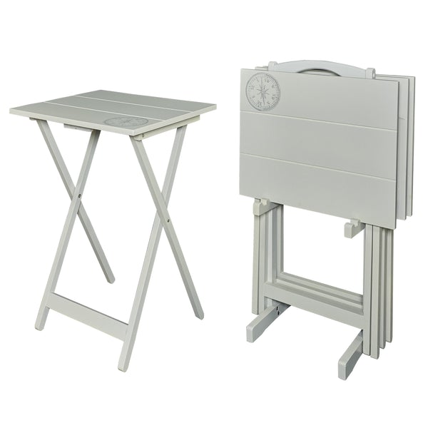 5 Piece Wooden Foldable Tray Table Set With Compass Design, Light Gray