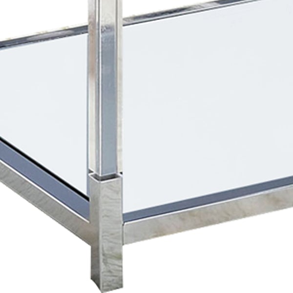 Glass Top Metal Coffee Table With Open Bottom Shelf, Silver And Clear