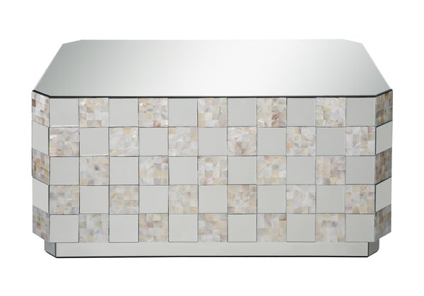 Wooden Coffee Table With Checkered Pattern Mirror Insets, Silver