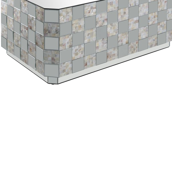 Wooden Coffee Table With Checkered Pattern Mirror Insets, Silver