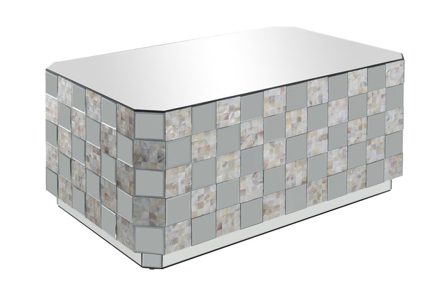 Wooden Coffee Table With Checkered Pattern Mirror Insets, Silver
