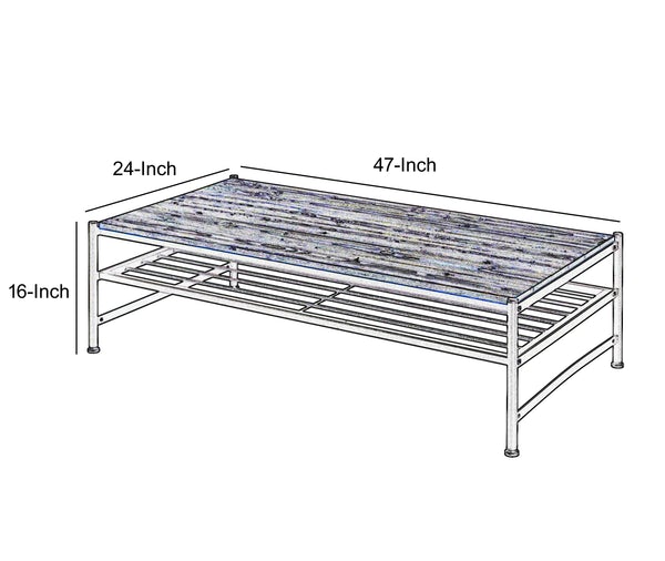 Metal And Wood Coffee Table With Slatted Bottom Shelf,Brown And Black