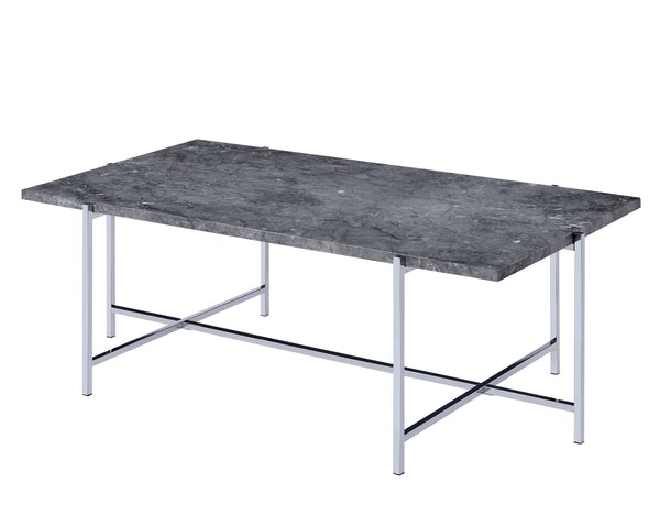 Marble Top Coffee Table With Trestle Base , Gray And Silver