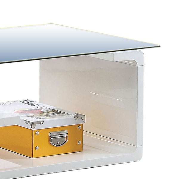 Contemporary Coffee Table With Multi Level Curled Open Shelf, White