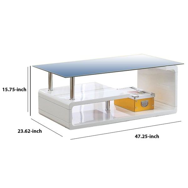 Contemporary Coffee Table With Multi Level Curled Open Shelf, White