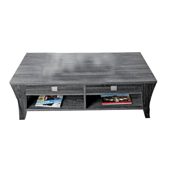 Low Rise Coffee Table With Drawers And Bottom Shelves, Gray