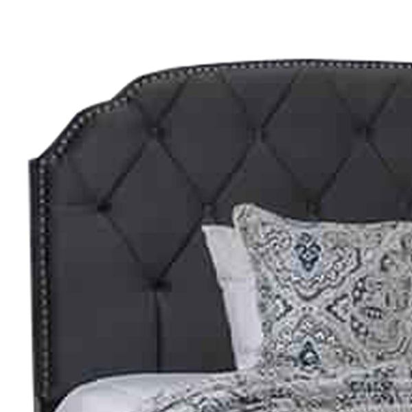Fabric Queen Size Bed With Camelback Headboard And Nailhead Trim, Gray