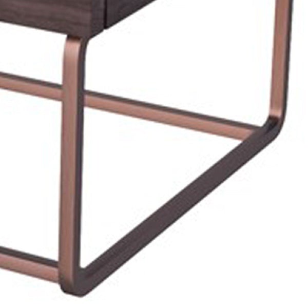 1 Drawer Wooden Nightstand With Rectangular Steel Frame Support, Dark Brown