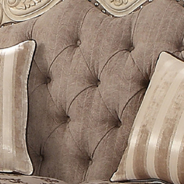 Scrolled Crown Top Fabric Loveseat With Cabriole Legs, Gray And White