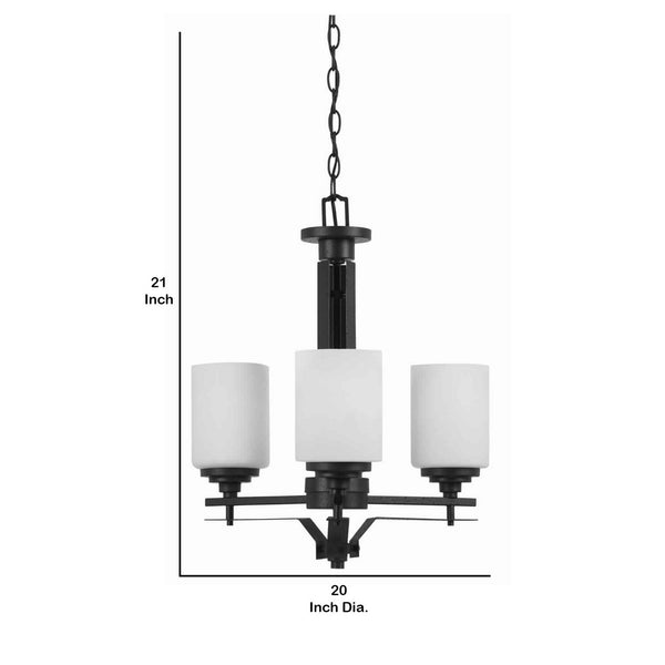 3 Bulb Uplight Chandelier With Metal Frame And Glass Shade, Black And White - BM223047