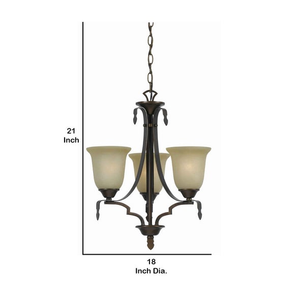 3 Bulb Uplight Chandelier With Metal Frame And Glass Shade,Bronze And Beige - BM223050