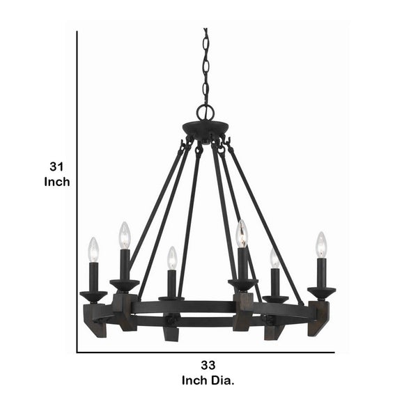 6 Bulb Metal Frame Wagon Wheel Candle Chandelier With Wooden Accents, Black - BM223076
