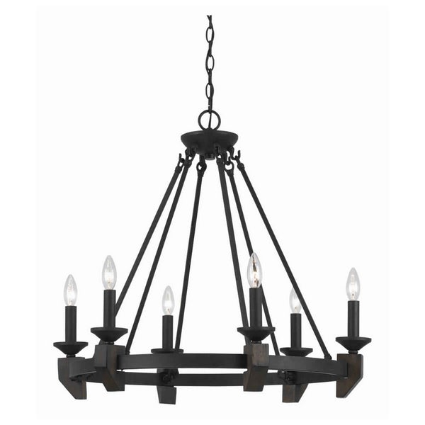 6 Bulb Metal Frame Wagon Wheel Candle Chandelier With Wooden Accents, Black - BM223076