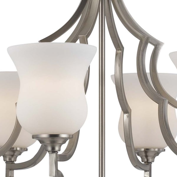 6 Bulb Uplight Chandelier With Metal Frame And Glass Shades,Silver And White - BM223080
