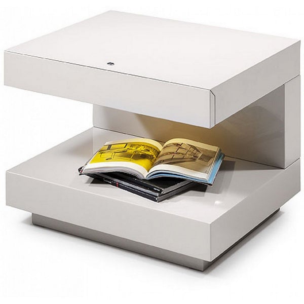 Contemporary Squared C Shaped Wooden Nightstand With LED Light, White