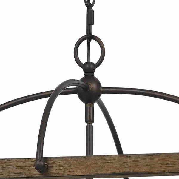6 Bulb Square Chandelier With Wooden Frame And Organza Striped Shade, Brown - BM223594