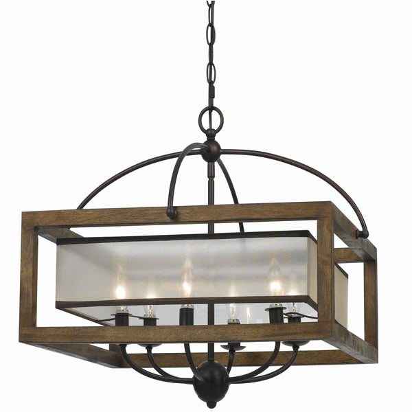 6 Bulb Square Chandelier With Wooden Frame And Organza Striped Shade, Brown - BM223594
