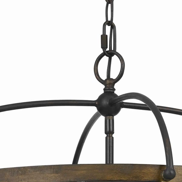 5 Bulb Round Chandelier With Wooden Frame And Organza Striped Shade, Brown - BM223597