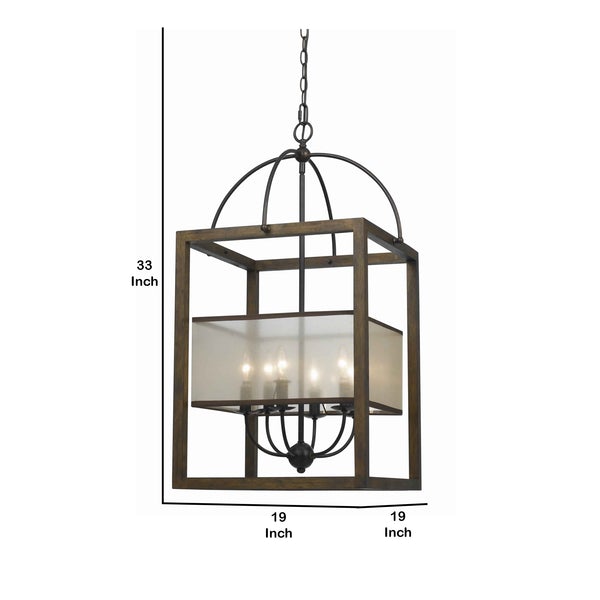 Rectangular Chandelier With Wooden Frame And Organza Striped Shade, Brown - BM223601
