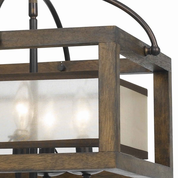 4 Bulb Semi Flush Pendant With Wooden Frame And Organza Striped Shade,Brown - BM223620