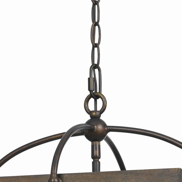 4 Bulb Semi Flush Pendant With Wooden Frame And Organza Striped Shade,Brown - BM223620