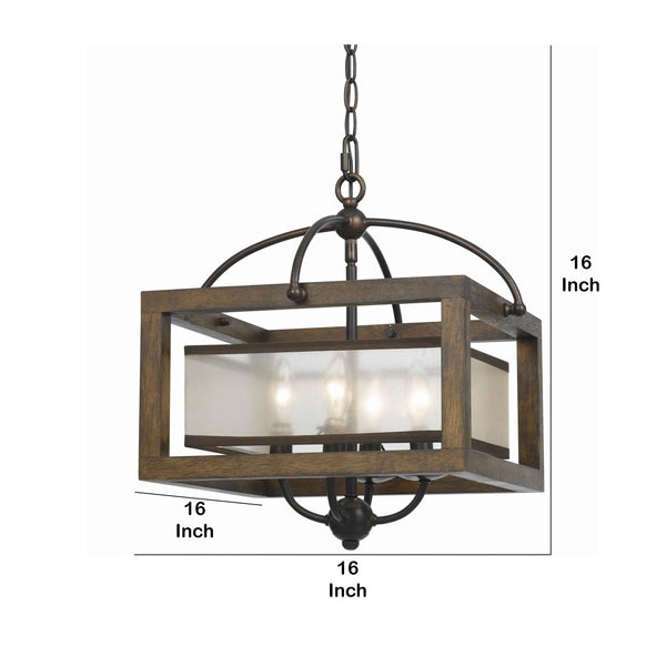 4 Bulb Semi Flush Pendant With Wooden Frame And Organza Striped Shade,Brown - BM223620