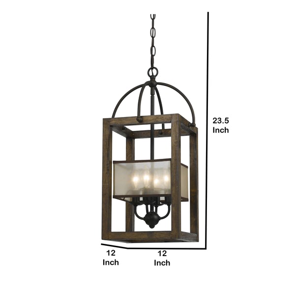 4 Bulb Chandelier With Wooden Frame And Organza Striped Shade, Brown - BM223624