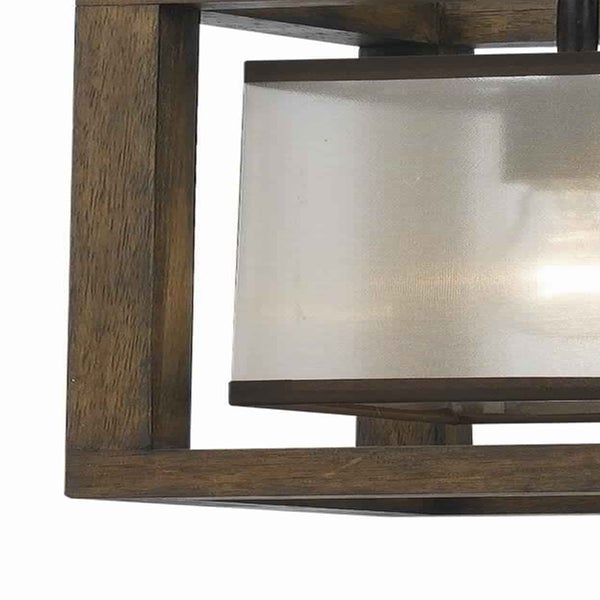 60 Watt Mini Pendant With Wooden Frame And Organza Striped Shade, Brown - BM223702