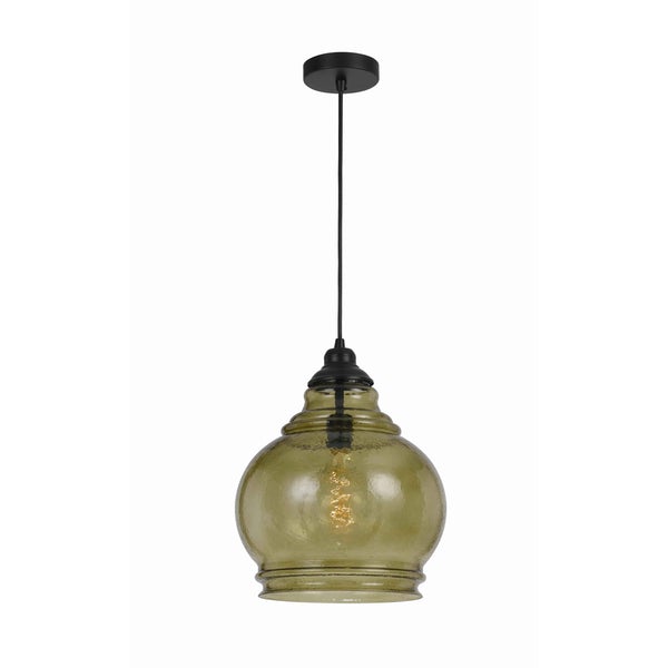 60 Watt Metal Frame Pendant With Rippled Glass Shade, Beige And Black - BM224692