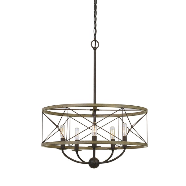 Benzara - BM224802 Round Wooden Frame Pendant Fixture With Metal Lattice Design, Dark Bronze