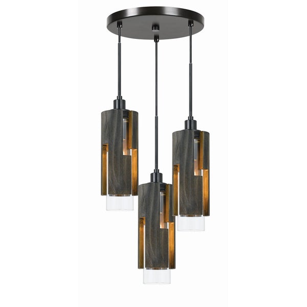 60 X 3 Watt Metal Pendant Fixture With Wood And Glass Shade, Black - BM224816