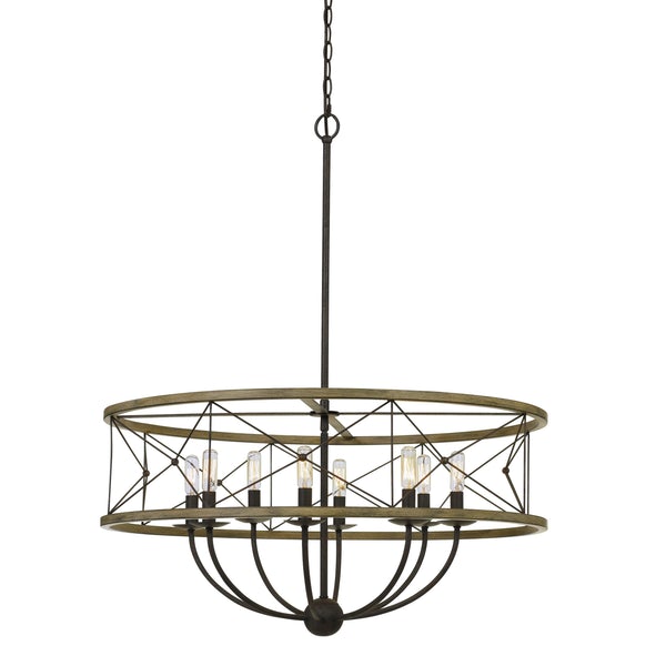 Round Wooden Frame Pendant Fixture With Metal Lattice Design, Dark Bronze - BM224924
