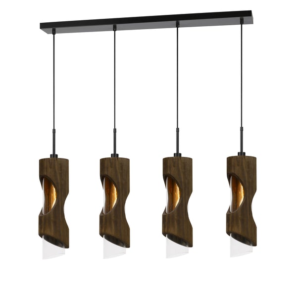 4 Light Metal Frame Pendant Fixture With Wooden And Glass Shades, Brown - BM225000
