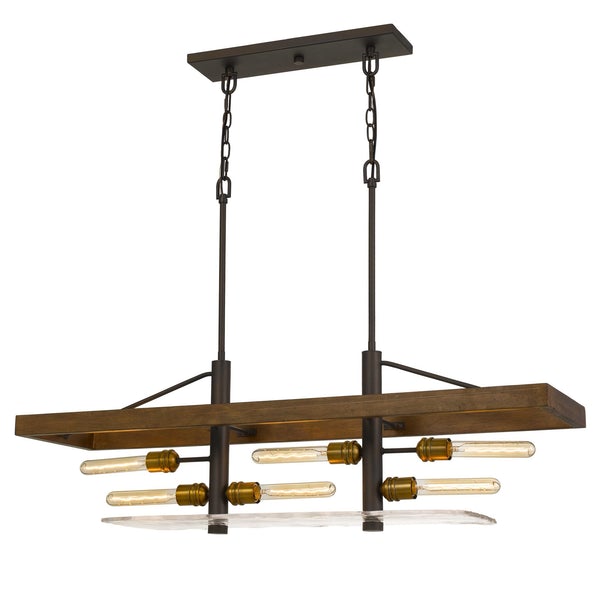 6 Bulb Rectangular Wooden Frame Chandelier With Hand Crafted Glass, Brown - BM225615