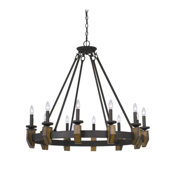 12 Bulb Round Metal Chandelier With Candle Lights And Wooden Accents, Black - BM225616