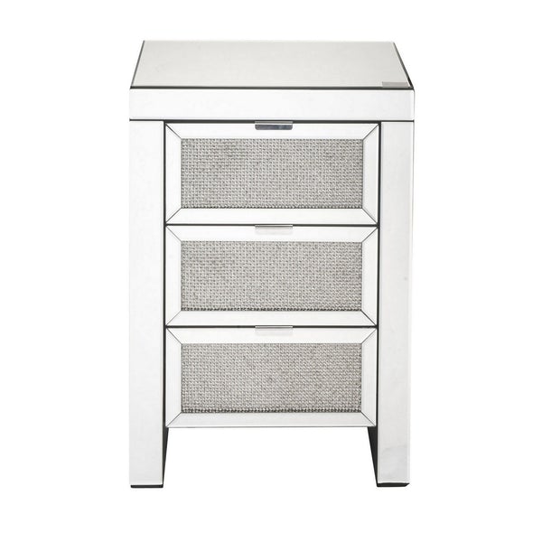 3 Drawer Mirrored Nightstand With Faux Diamond Inlay, Silver