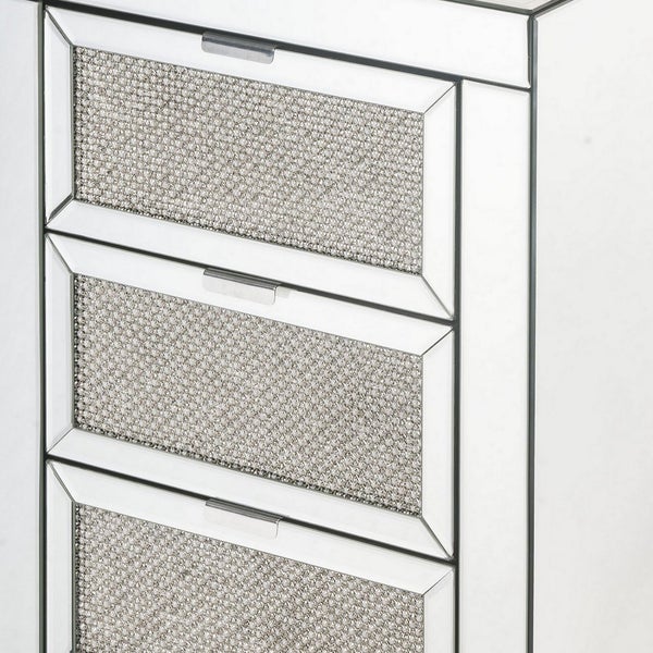 3 Drawer Beveled Mirrored Nightstand With Faux Diamond Inlay, Silver